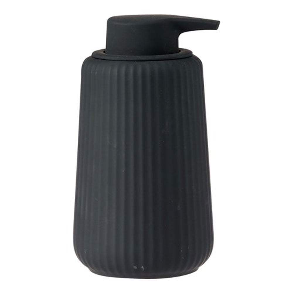 The Porto Tribeca soap dispenser is in a deep charcoal colour with a ribbed ceramic design.