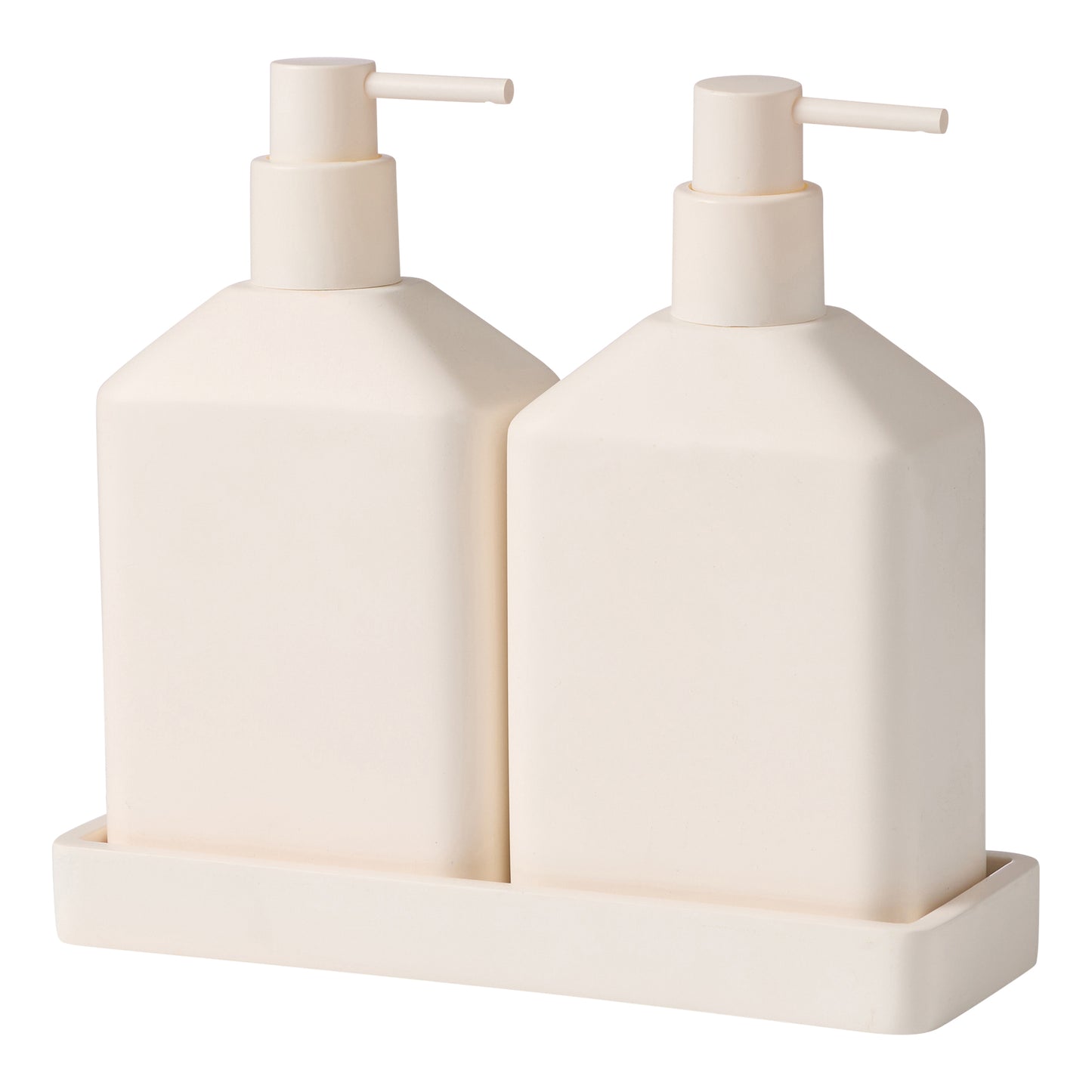 The Porto Astoria soap double dispenser set in stone on a tray included in the set.