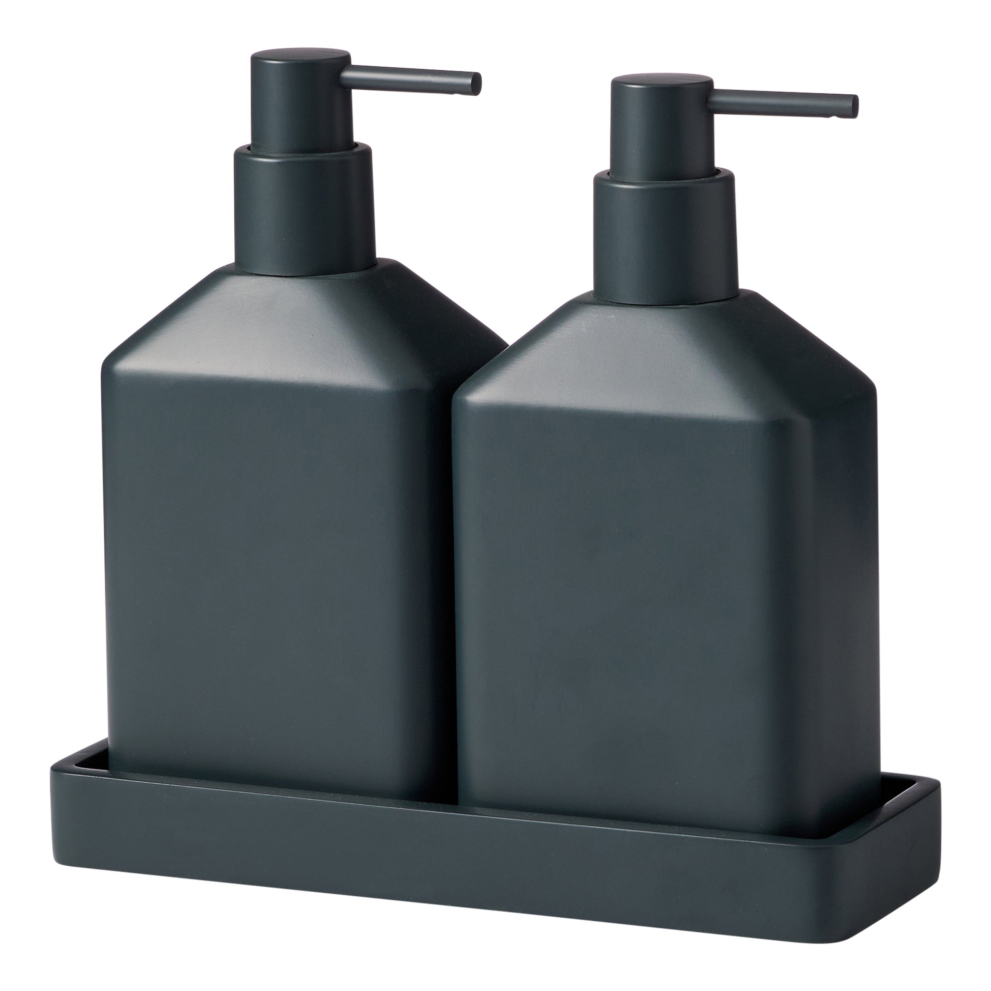 The Porto Astoria double soap dispenser displayed on a tray in the colour coal.