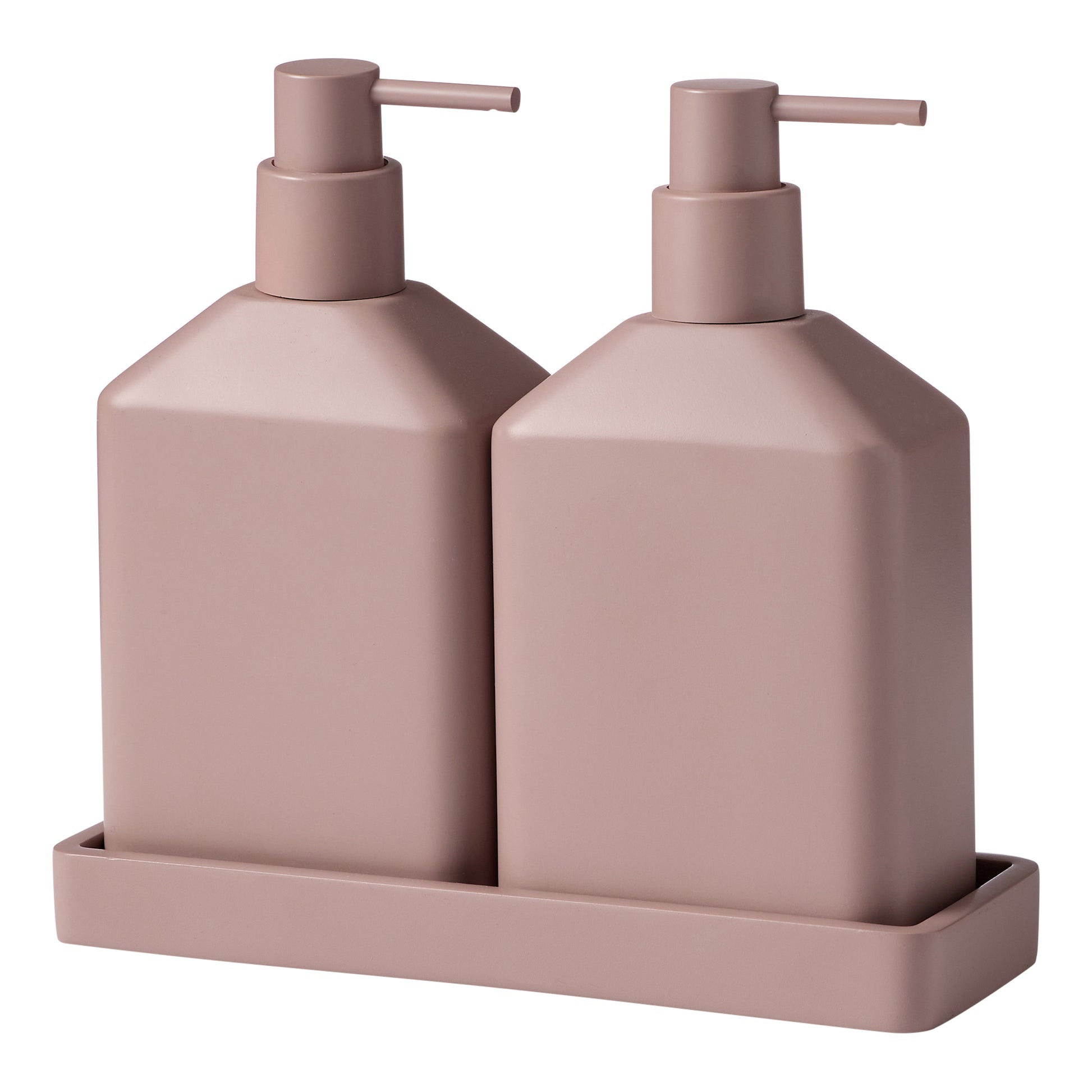 The Porto Astoria double soap dispensers in dusk on a matching tray.