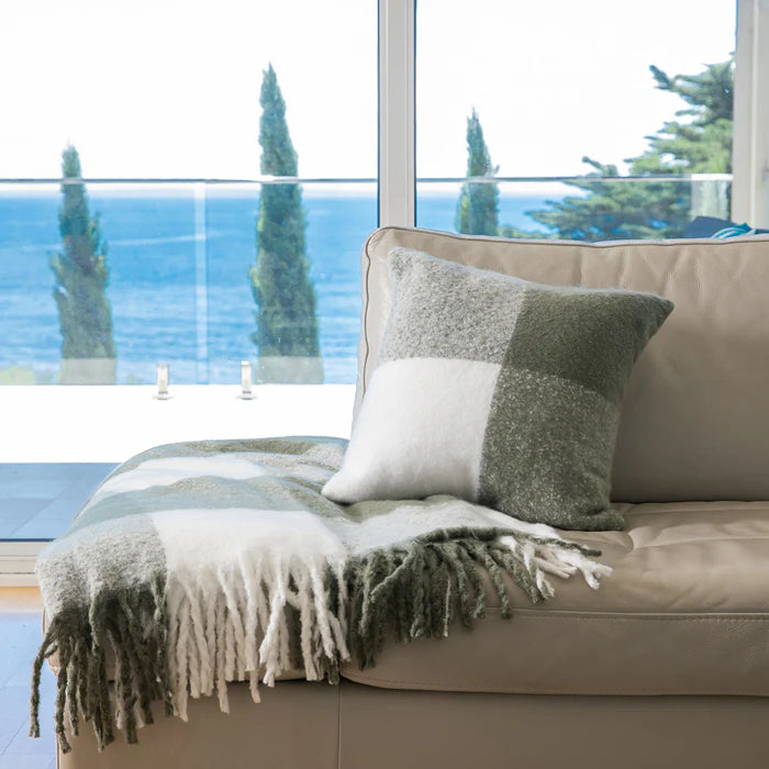 Beige sofa with a green and white checkered pillow and blanket in front of a window with a view of trees and water.