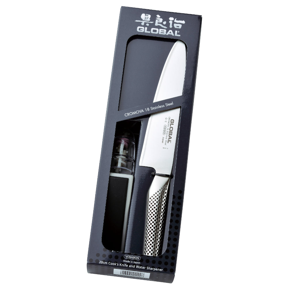 Global Classic 20cm Cooks Knife & Minosharp Set