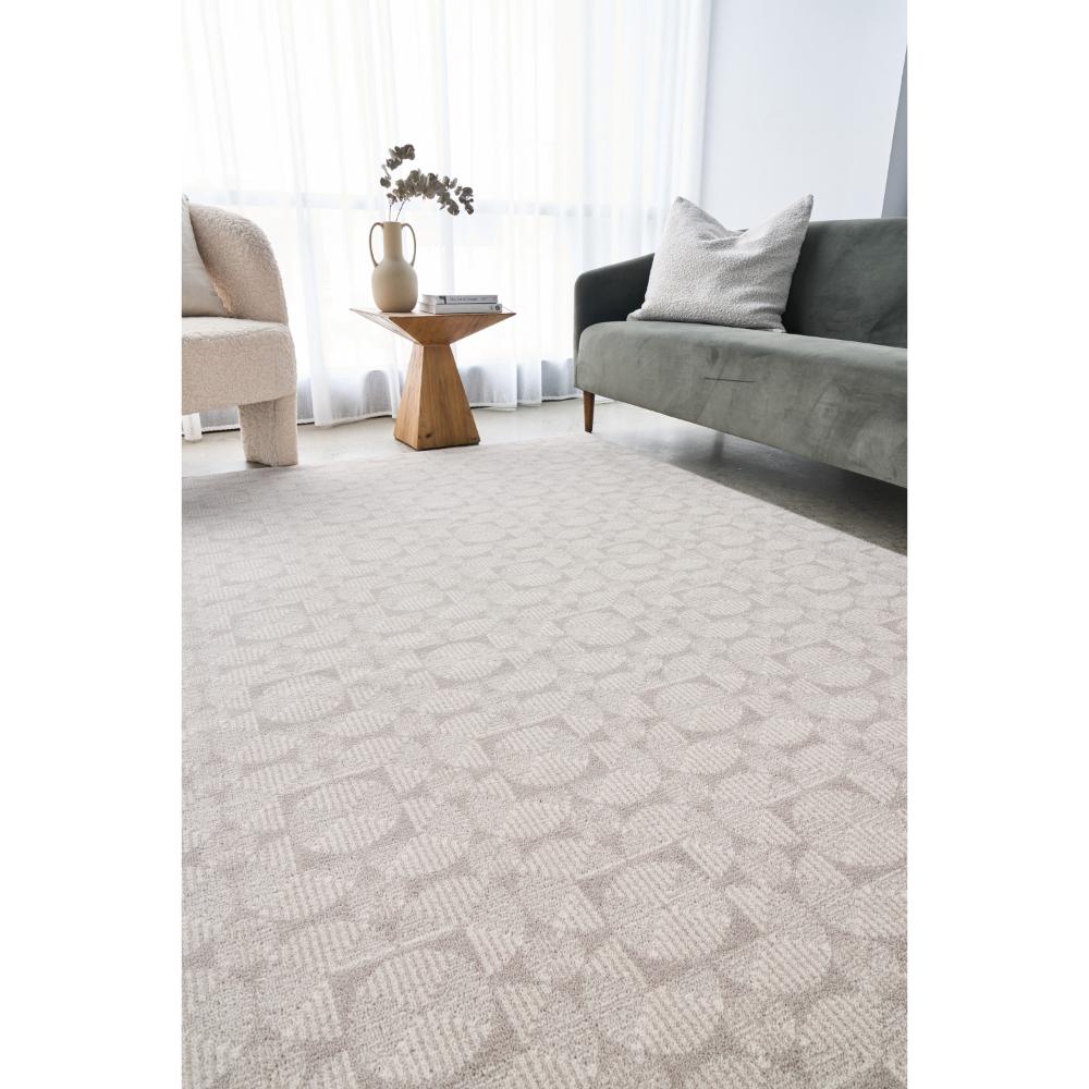 grey geometric print Wool Rug in a sun drenched lounge room - House