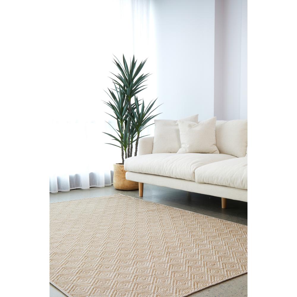 Beige brown diamond design indoor outdoor rug in loungeroom - House