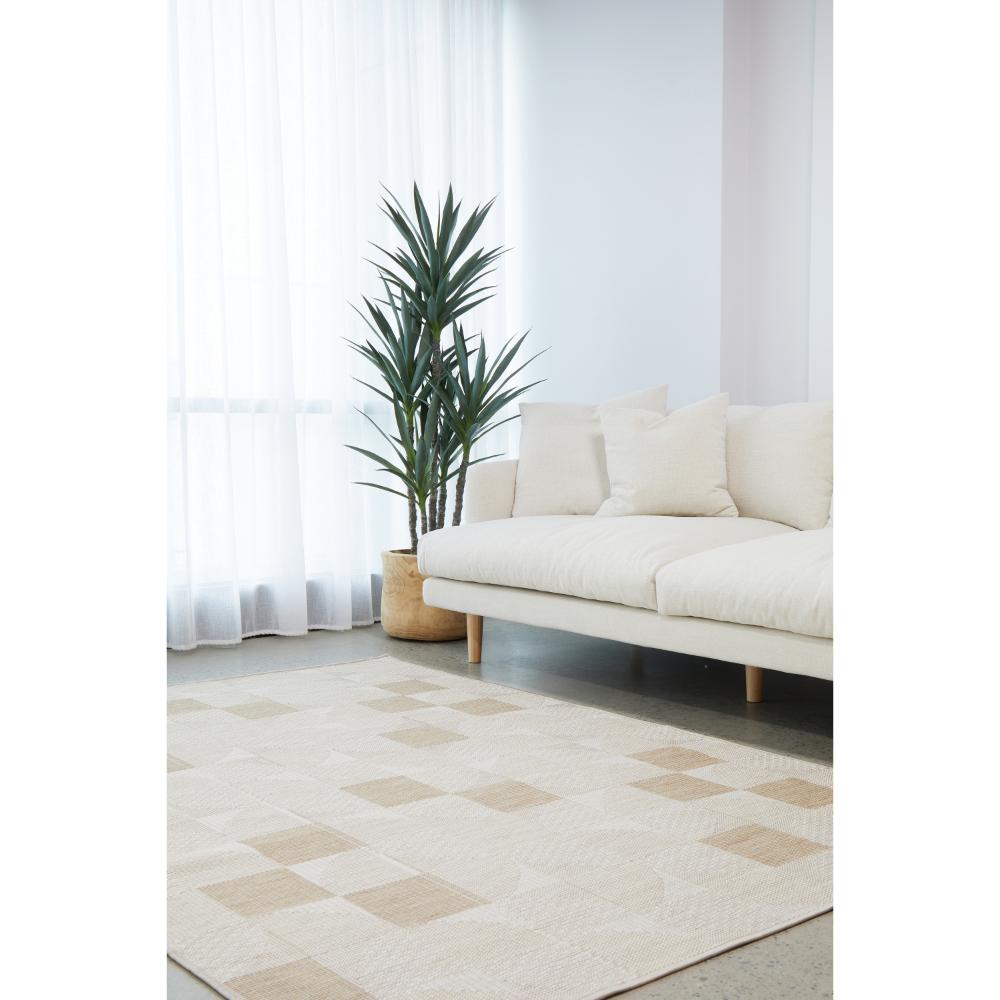 Natural Brown Beige curve check indoor outdoor rug in loungeroom - House
