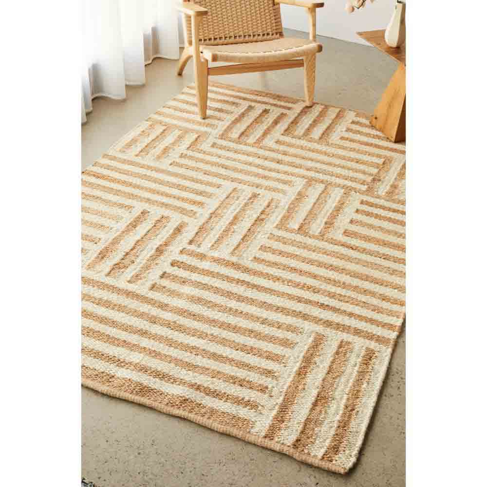 warm beige stripe check jute rug with armchair and table - House