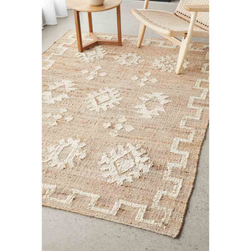 beige diamond motif bohemian jute wool rug - House