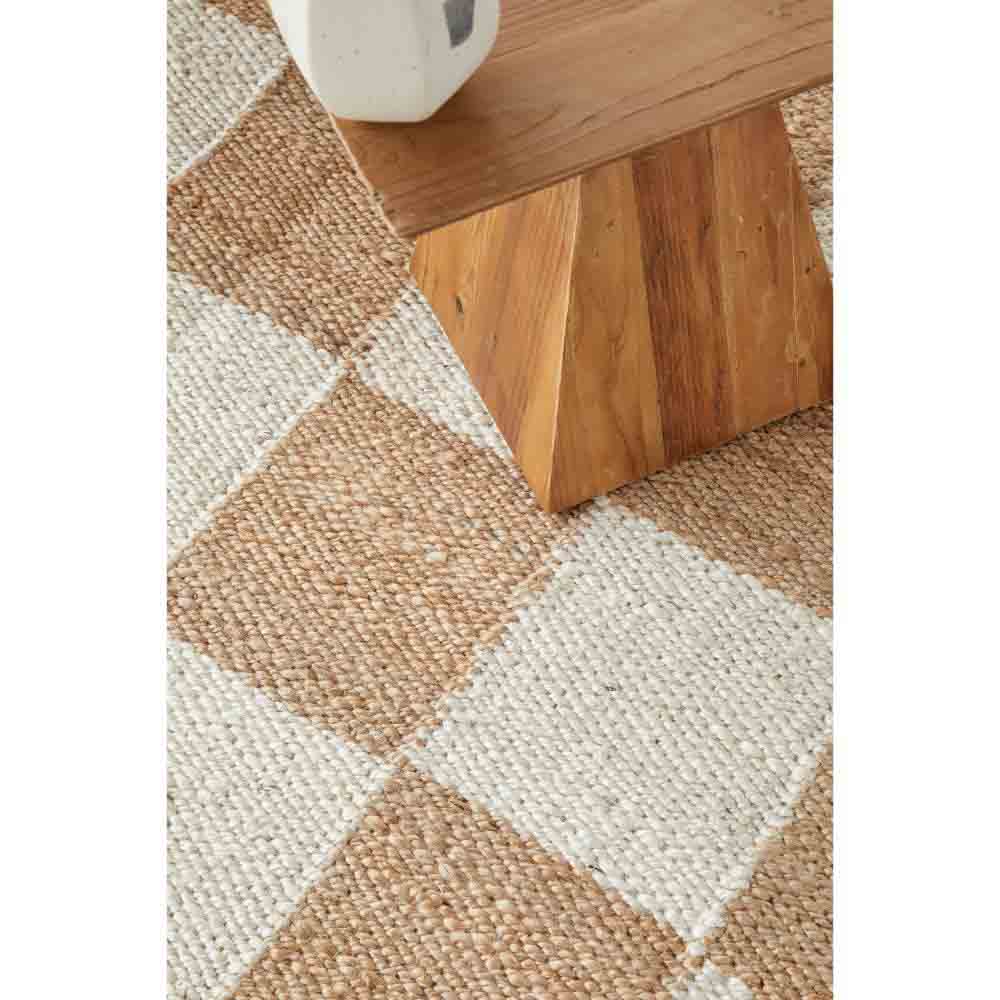 warm beige checkboard jute rug with side table - House