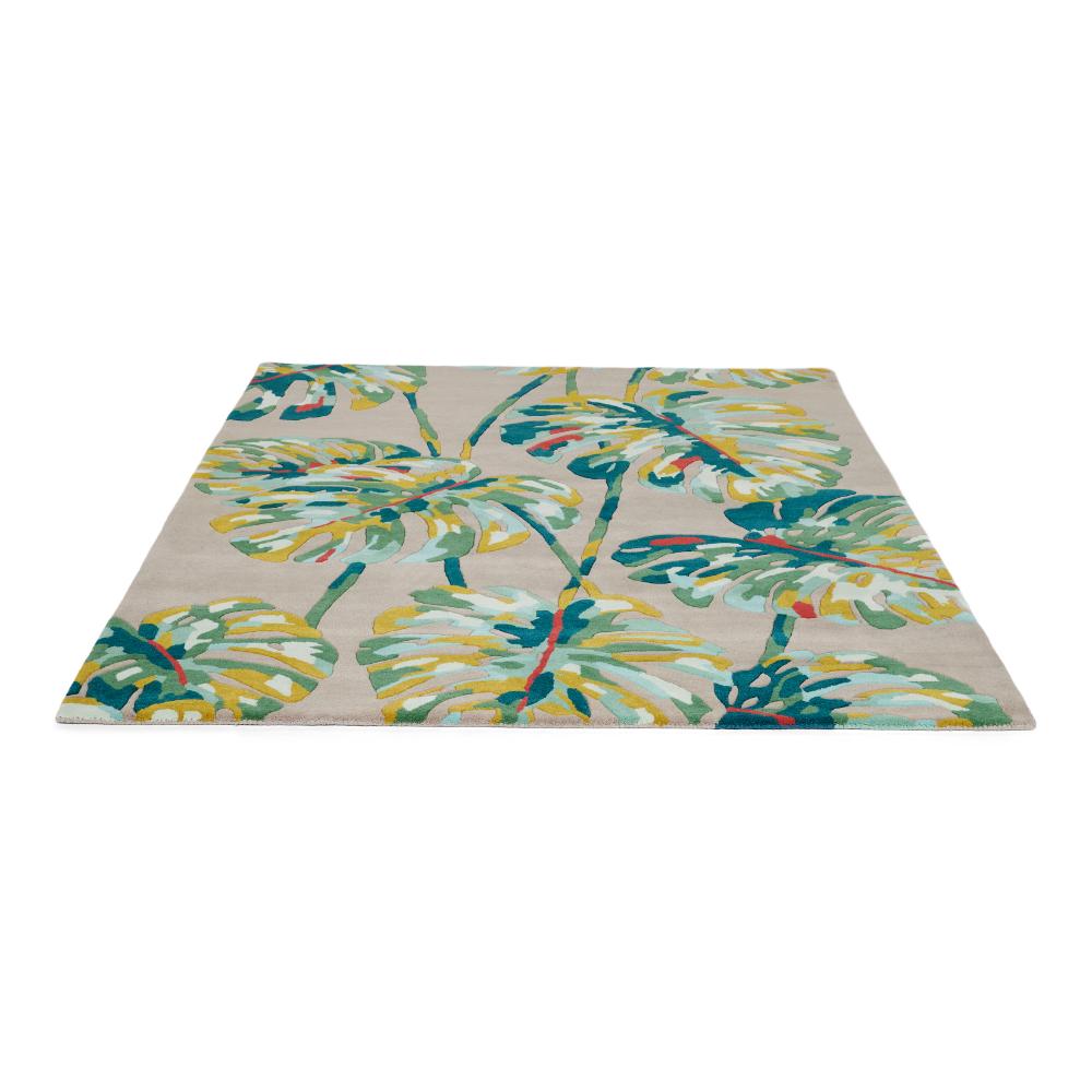 Cream and green palm leaf designer wool rug - House
