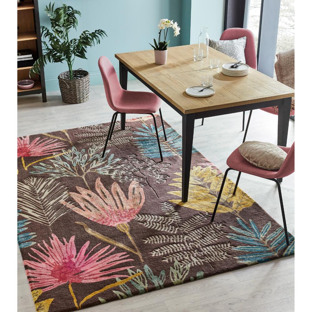 botanical brown wool rug in a dining room - House
