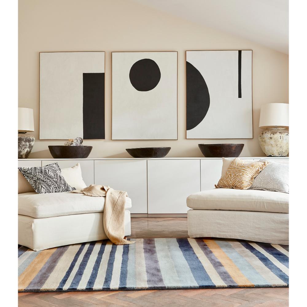 Blue Multicolour Stripe Wool Rug in loungeroom - House