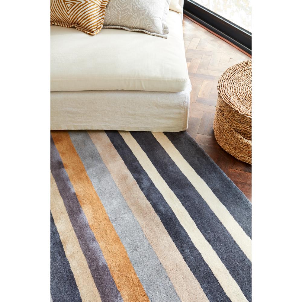 Blue Multicolour Stripe Wool Rug in loungeroom - House