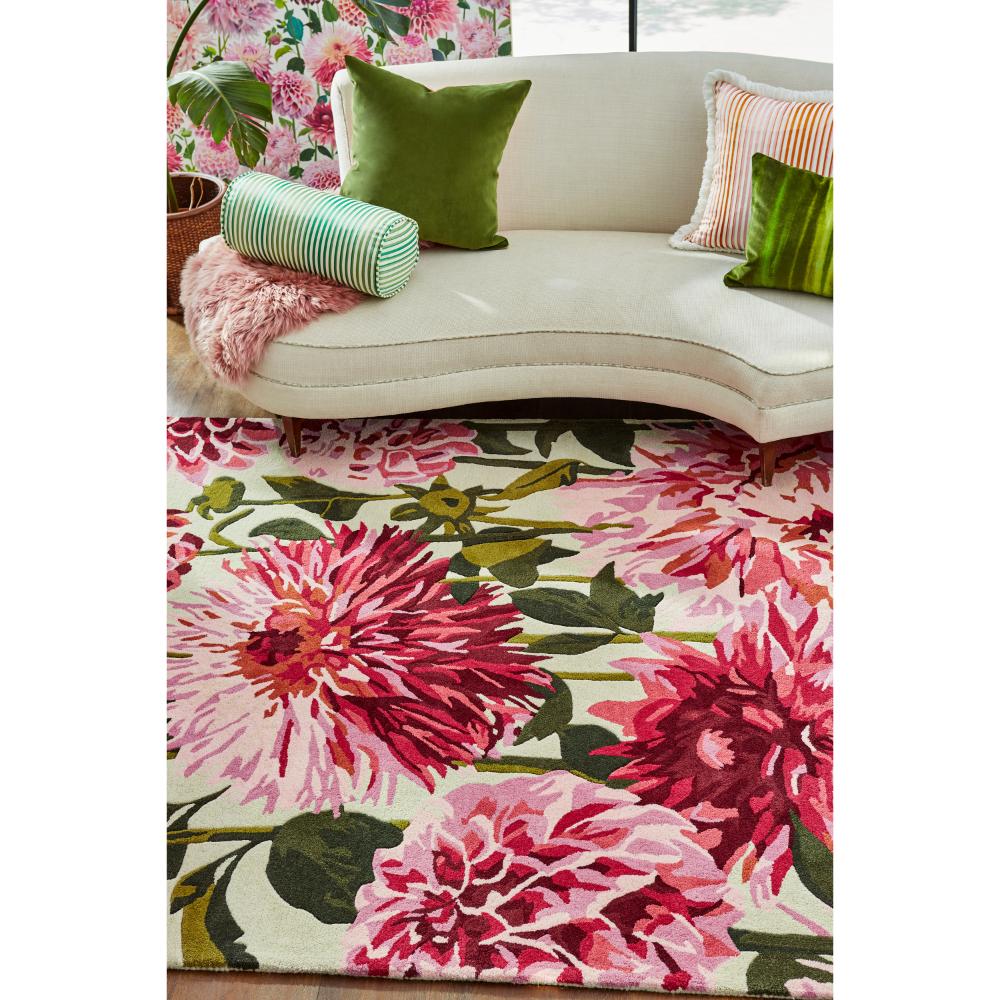 designer large pink dahlia flower wool rug with lounge - House