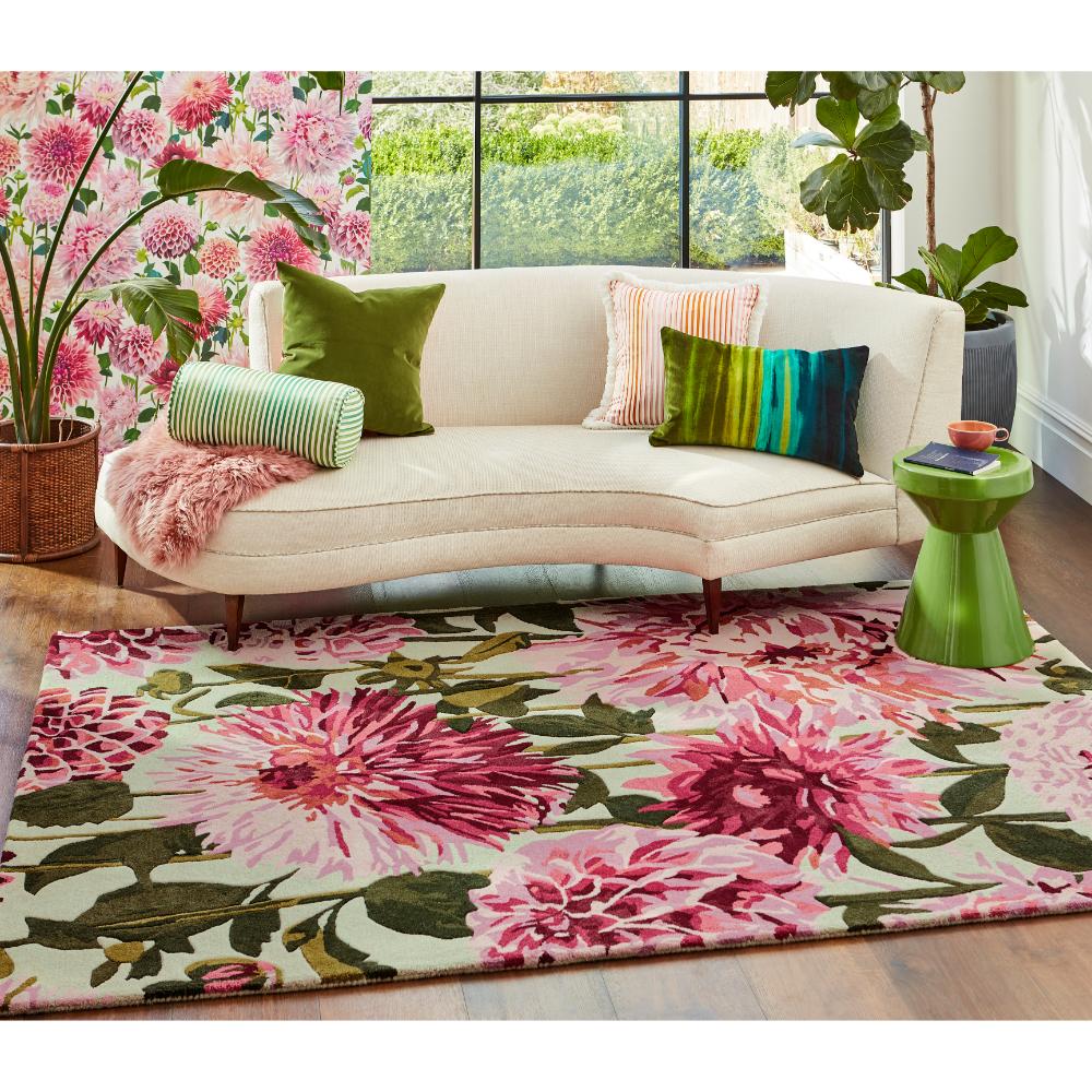 large pink dahlia flower wool rug in styled loungeroom - House