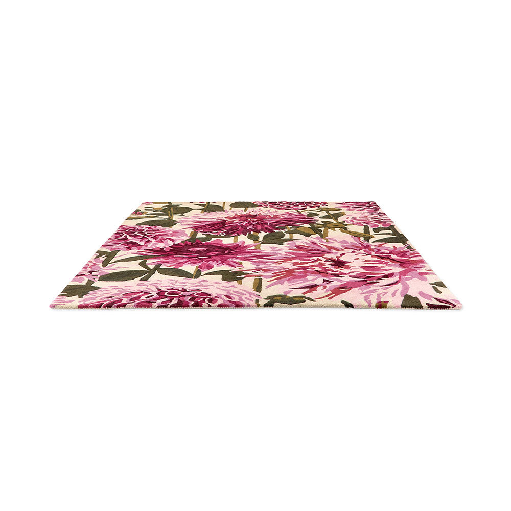 designer large pink dahlia flower wool rug angled shot - House