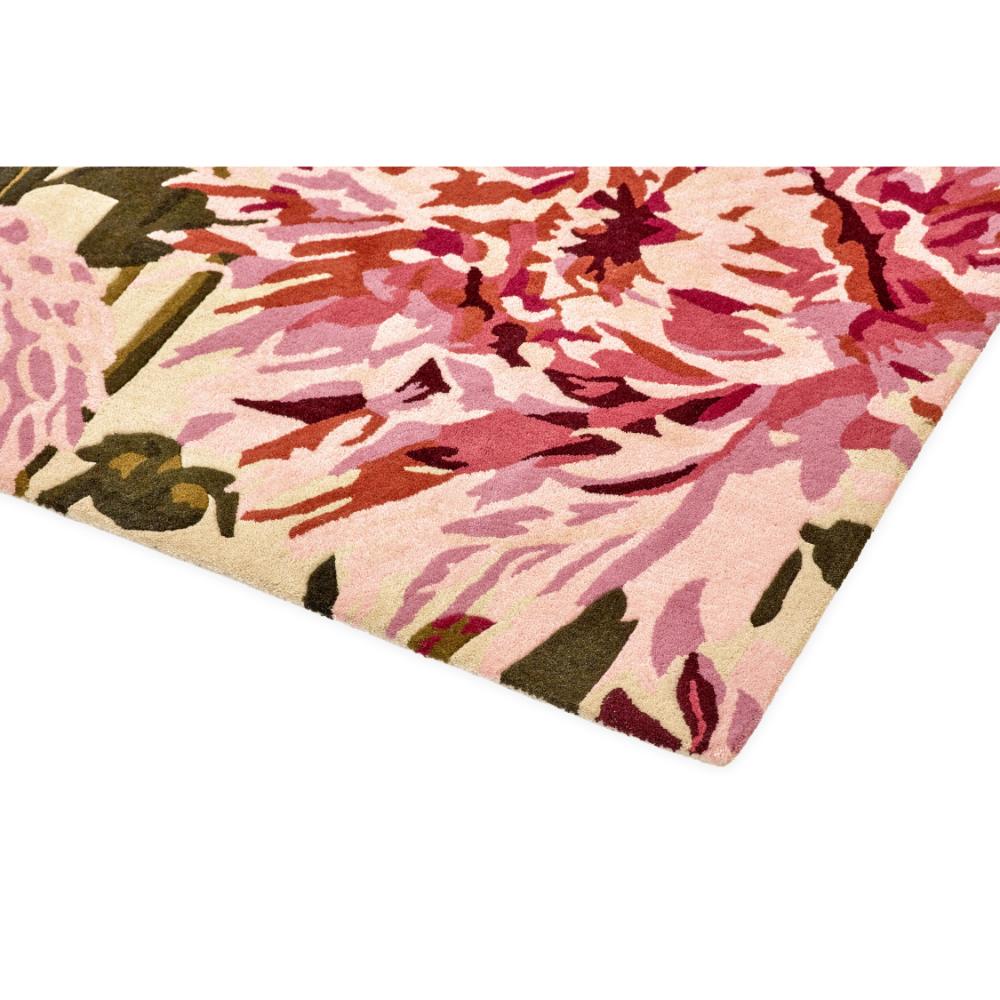 designer large pink dahlia flower wool rug detail shot - House