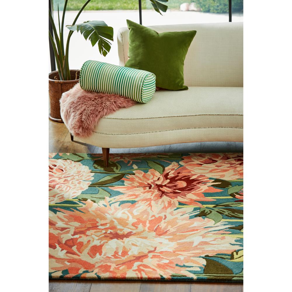 designer large orange dahlia flower wool rug with lounge - House