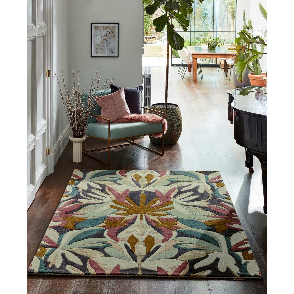 Green Floral Wool Rug with long view of a house to outside - House