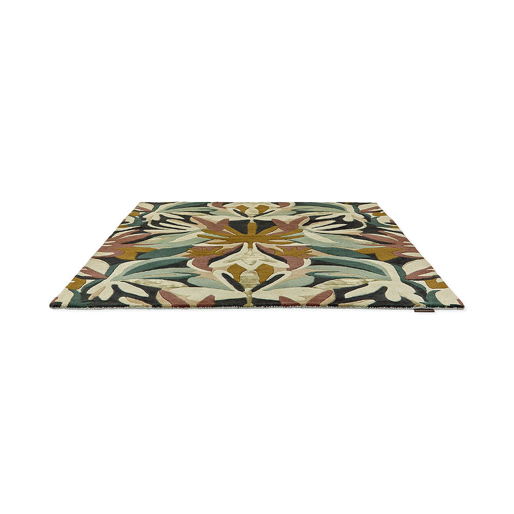 Green and burgundy Floral Wool Rug angled image - House