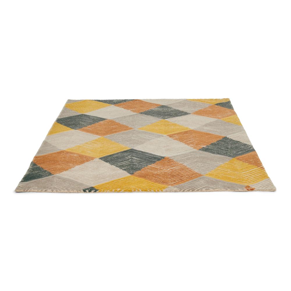 Abstract tan, grey and yellow wool rug angled image - House