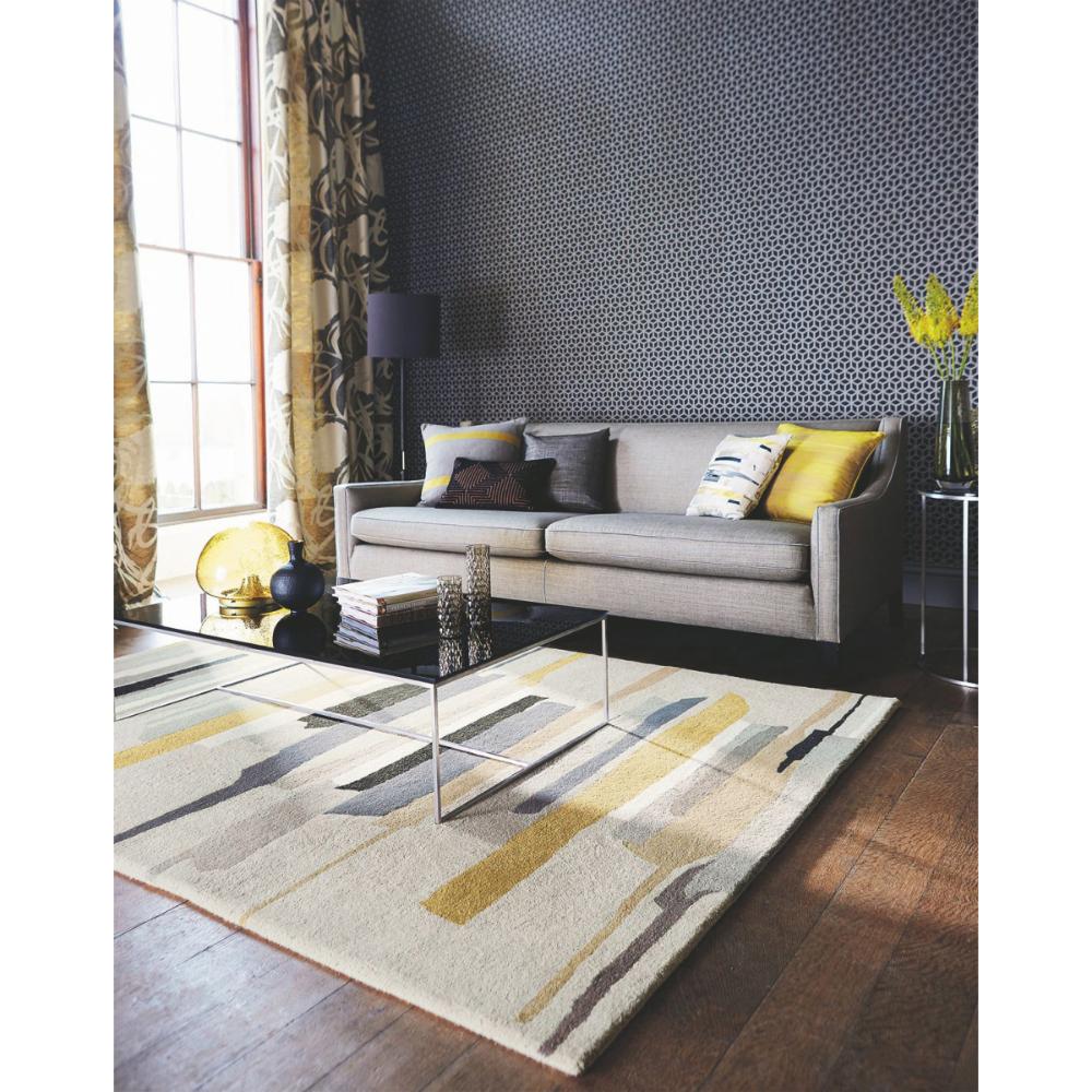 grey and yellow paint stroke wool rug in modern loungeroom  - House
