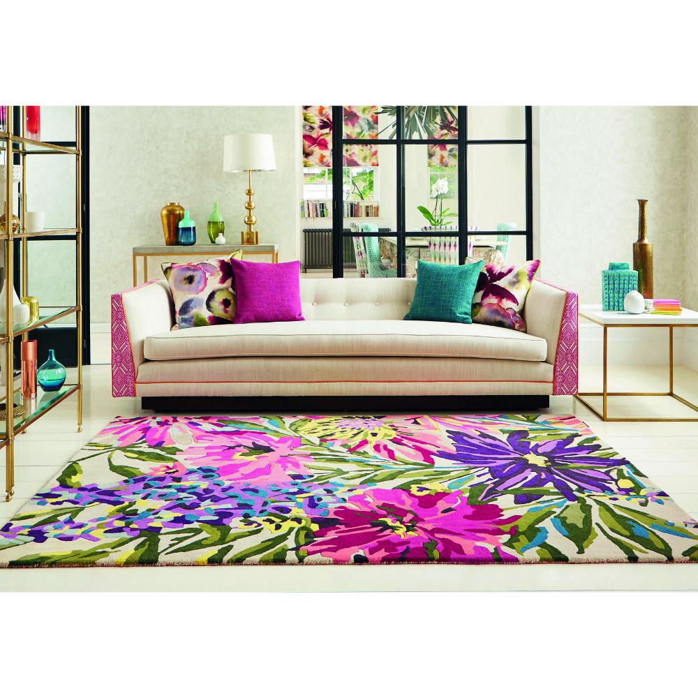 vibrant pink flower wool rug in bright loungeroom - House