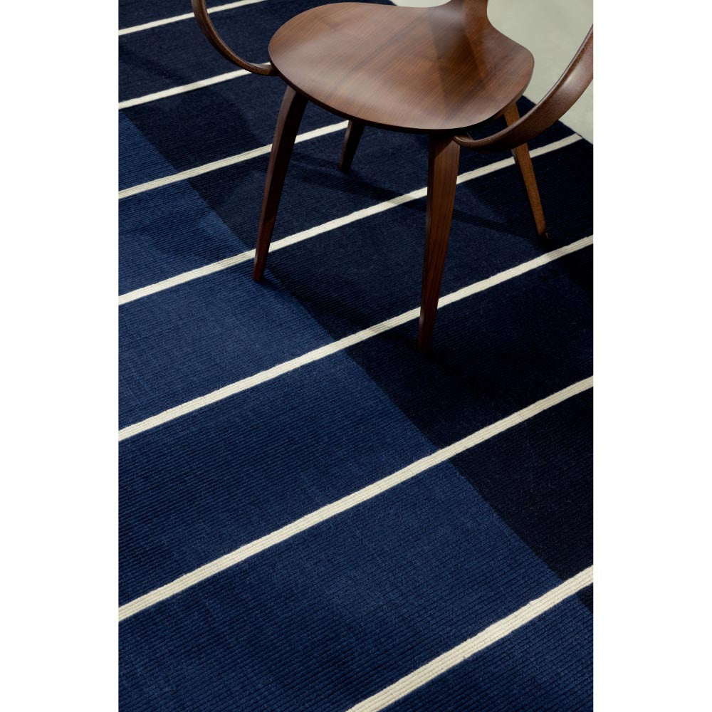 Marimekko Tiibet Rug Deep Blue. Two tone blue rug with cream stripes