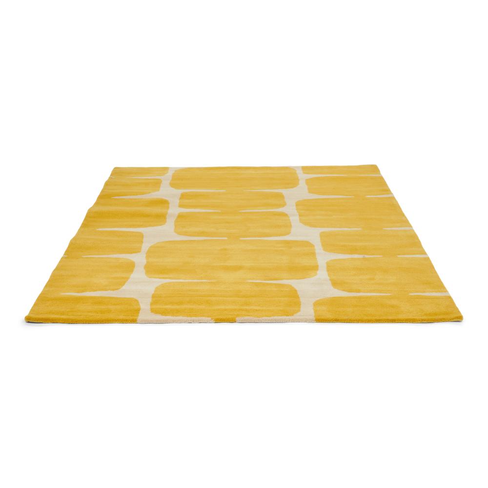 yellow honeycomb design wool rug angled image - House