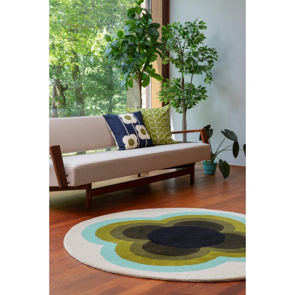 round green and blue flower rug in sunlit loungeroom - House