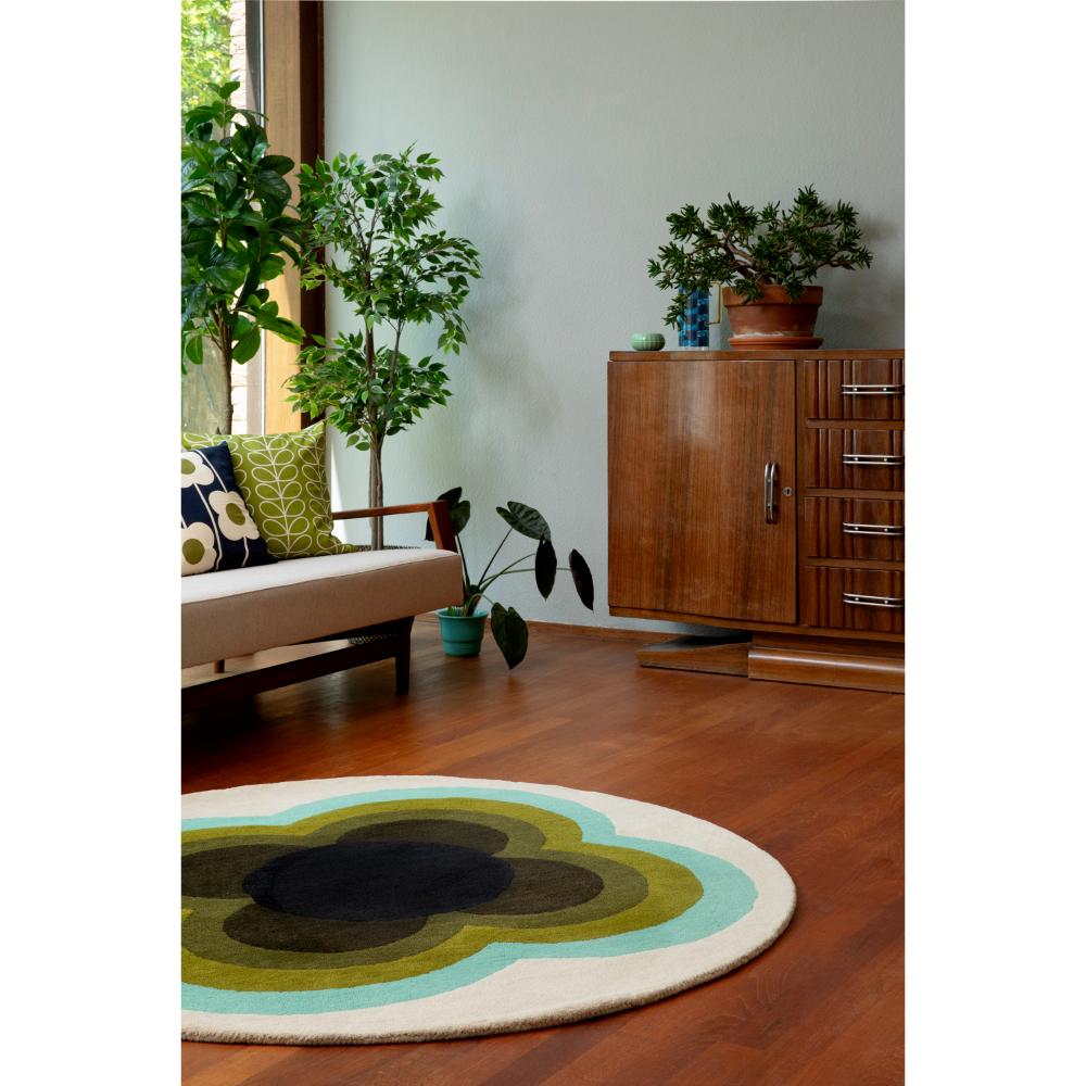 round green and blue flower rug in sunlit loungeroom - House
