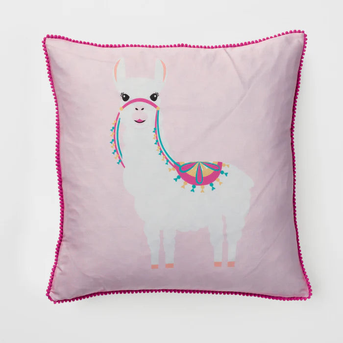 Cushion with a llama design on a pink background