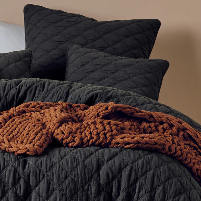 Dark quilted bedding with brown knitted throw on a bed against a beige wall.