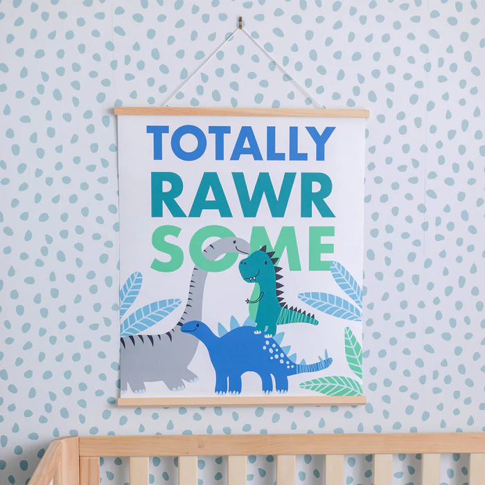 Children's poster with dinosaurs and 'TOTALLY RAWR SOME' text on a polka dot wall.