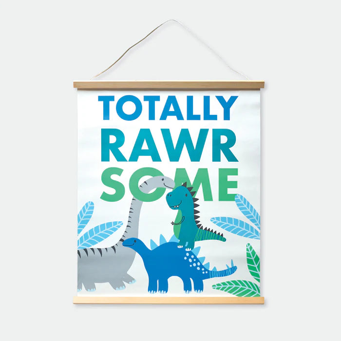 Children's poster with dinosaurs and text 'TOTALLY RAWRSOME' on a white background