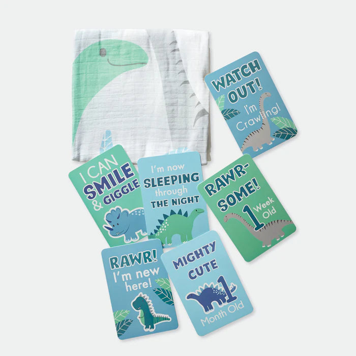 Set of baby milestone cards with dinosaur illustrations on a white background