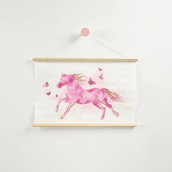 Framed artwork of a pink horse with butterflies on a white background