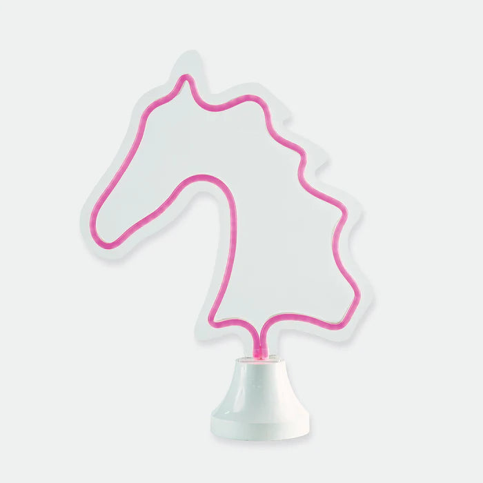 Neon light shaped like a unicorn on a white background