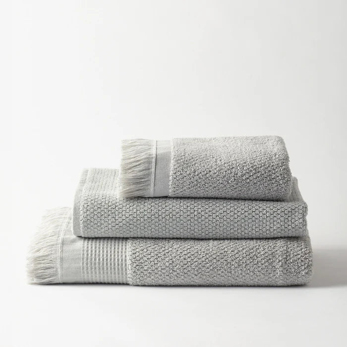 Set of gray towels with textured patterns on a white background