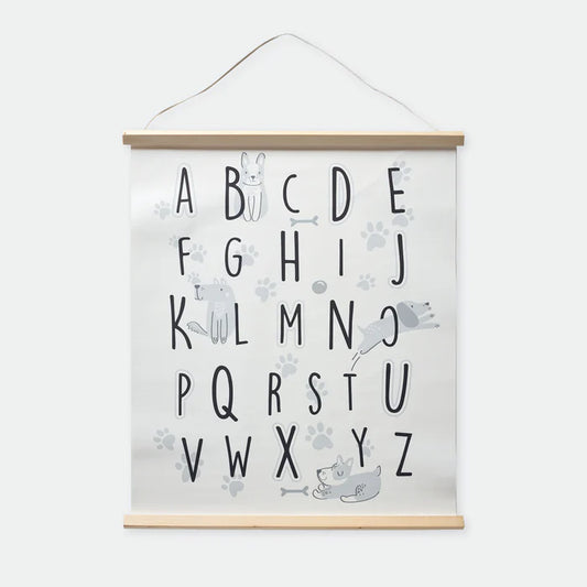 Children's alphabet poster with animals on a white background