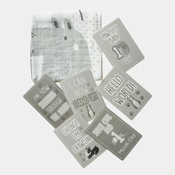 Set of baby milestone cards with text and illustrations on a white background