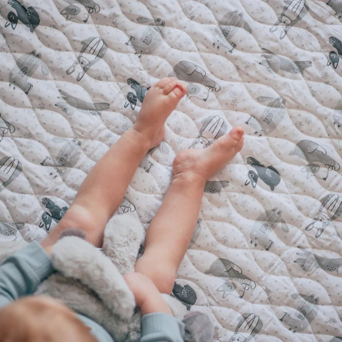 Child's legs on a quilt with whale pattern