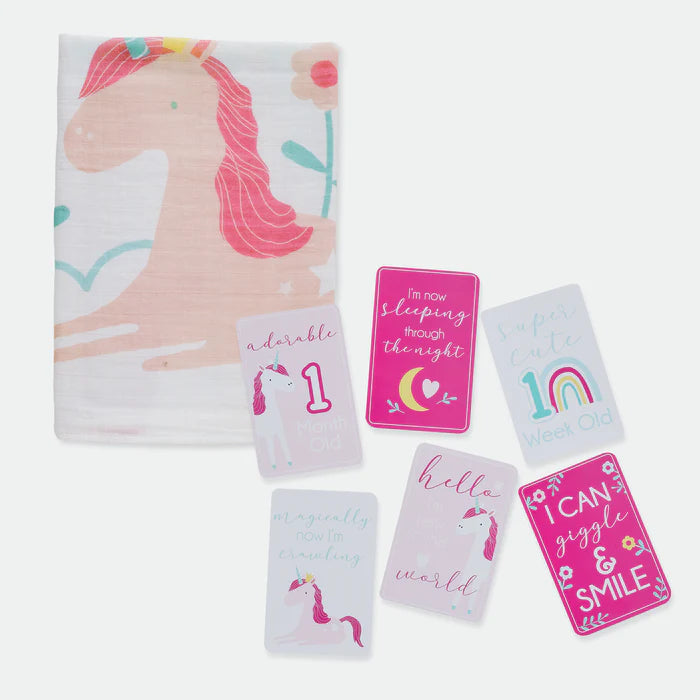 Set of milestone cards with a unicorn design on a white background