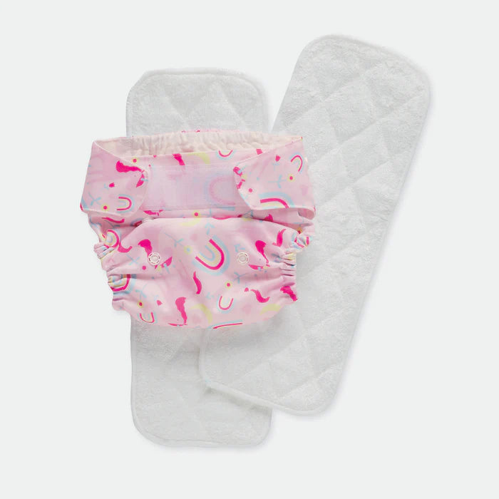 Pink diaper with colorful patterns on a white background