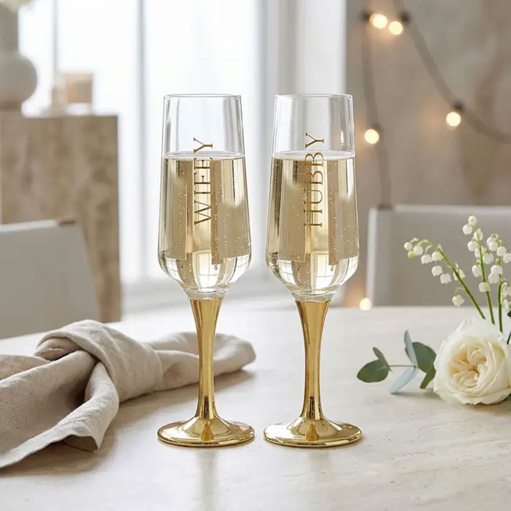 Splosh Set Of 2 Wifey & Hubby Champagne Flutes