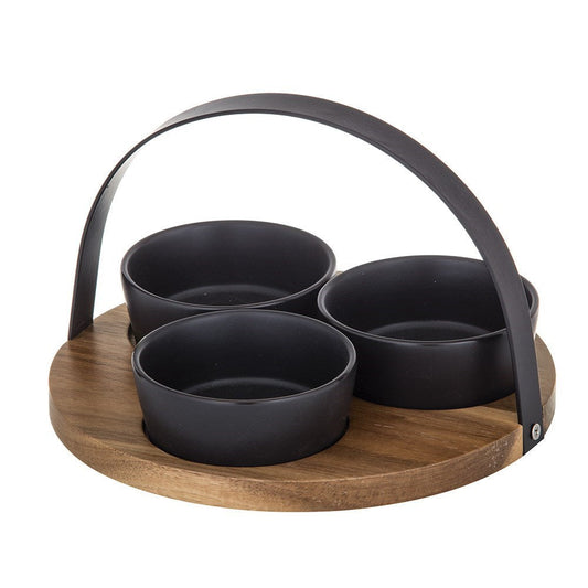 Davis & Waddell Fine Foods 4 Piece Porcelain Bowls on Acacia Tray with Handles Set