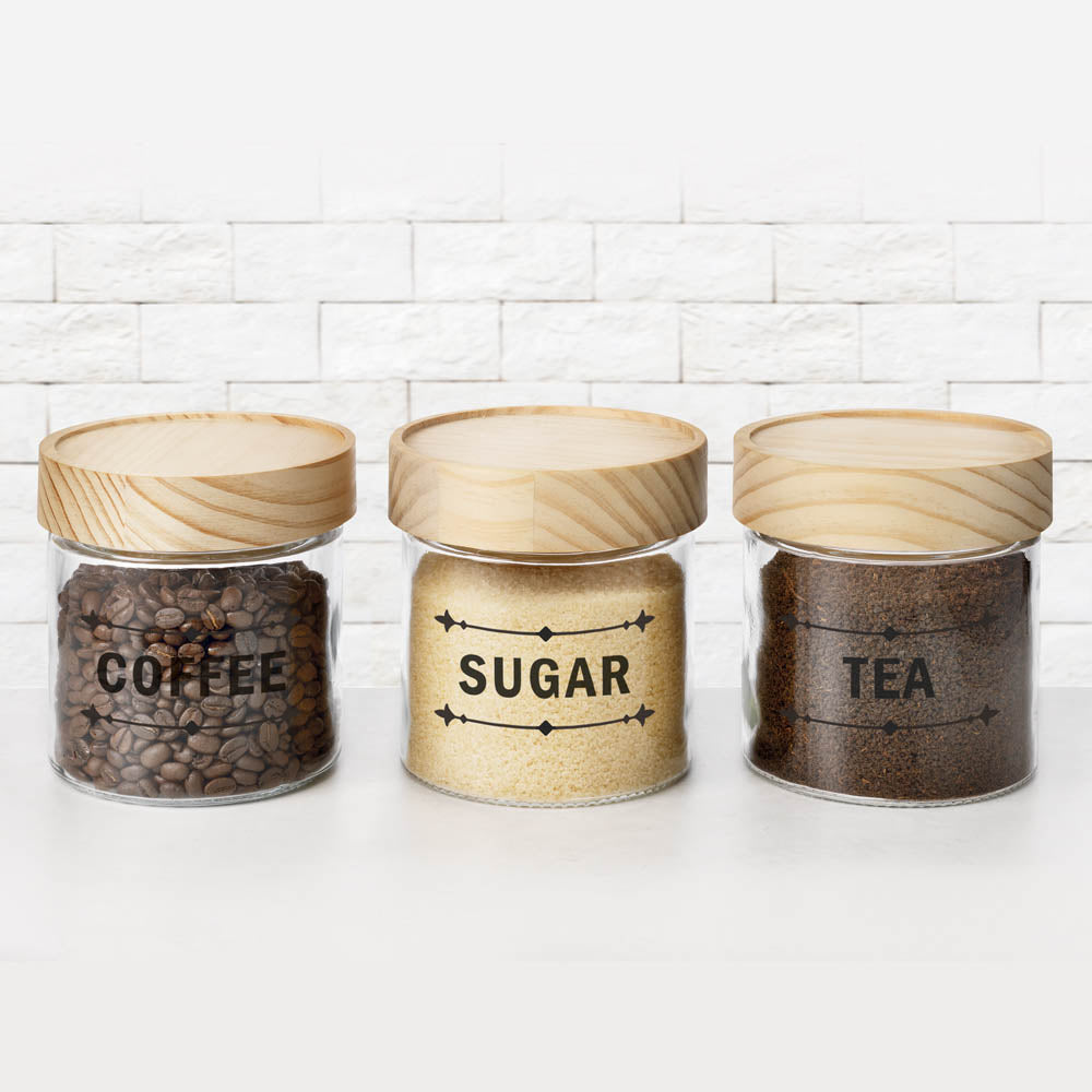 Ambrosia 3 Piece Tea, Coffee & Sugar Glass Canister Set with Pinewood Lids 750ml