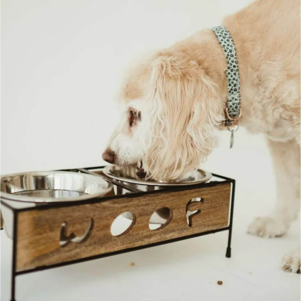 Loving Pets Wooden Woof Cut Double Diner Dog Bowl