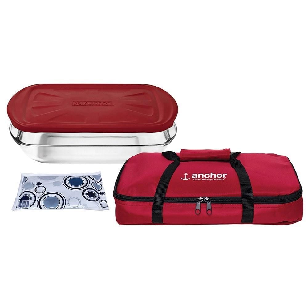 Anchor Hocking Bake n Take Glass Food Contianer & Hot/Cold Pack Set Red